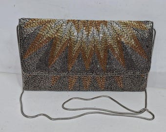 Handcrafted Beaded Clutch: Blue, Green & Gold Party Bag
