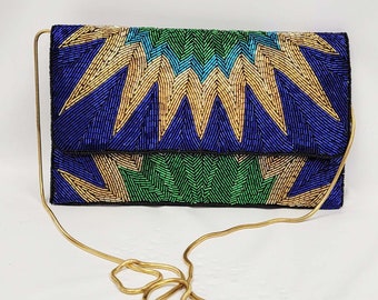 Handcrafted Beaded Clutch: Blue, Green & Gold Party Bag