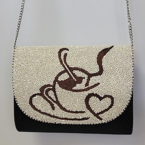 Woven Crossbody Clutch: Beaded Coffee Design - 7.5x7.5x1.5