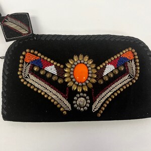 Suede Leather Wallet: Boho Beaded Zip Top Clutch