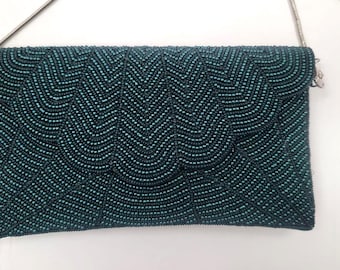 Beaded green Scallop Clutch: Evening Bag (9.5x5 in)