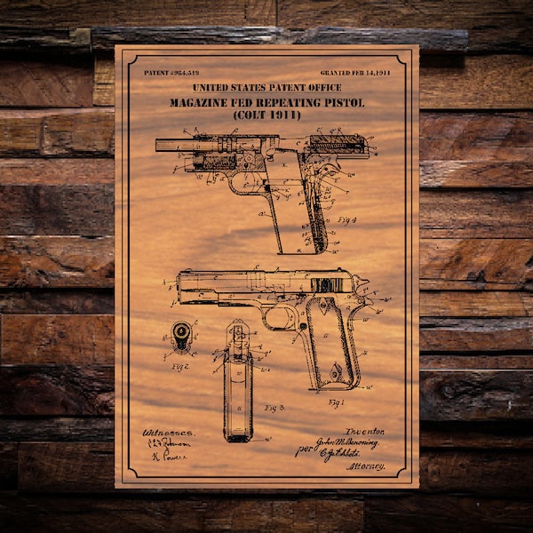 Colt 1911 US Patent digital art vector graphic - With svg, dxf, and Vectric CNC router/laser template files for Aspire, vCarve.