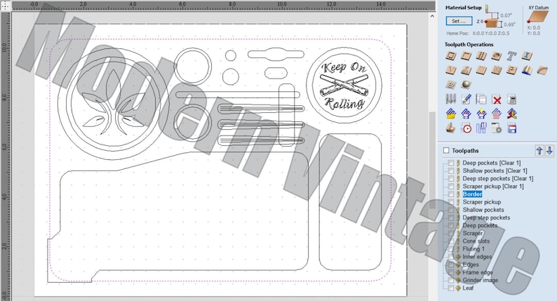 K&ouml;nnte beinhalten: Ein schwarz-wei&szlig;es Design f&uuml;r ein Holz-Rolltablett mit einem Blattdesign, drei Schlitzen f&uuml;r Rollpapiere und einem Kreis mit dem Text "Keep On Rolling" und einem durchgestrichenen Bild von zwei Rollpapieren.