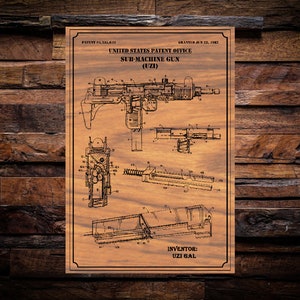 Puede incluir: Una ilustración de estilo vintage de una patente para una ametralladora, también conocida como Uzi. La patente está fechada el 22 de junio de 1952 y el inventor es Uzi Gal.