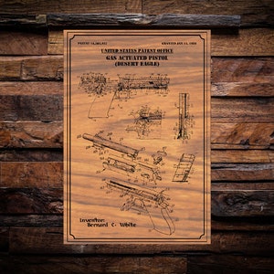May include: A vintage-style drawing of a patent for a gas-actuated pistol, also known as a Desert Eagle. The drawing shows the different parts of the pistol and includes the patent number and the inventor's name, Bernard C. White.