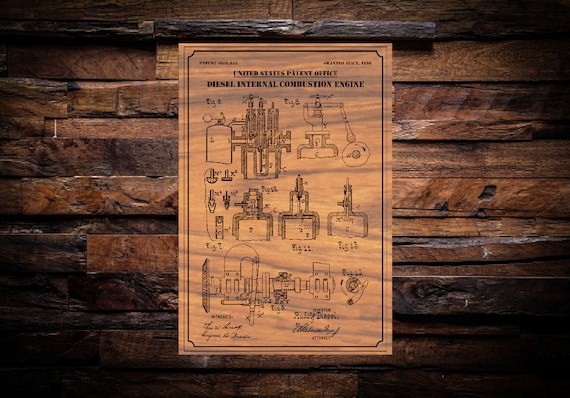 Diesel Engine US Patent digital art vector graphic - With svg, dxf, and Vectric CNC router/laser template files for Aspire, vCarve.
