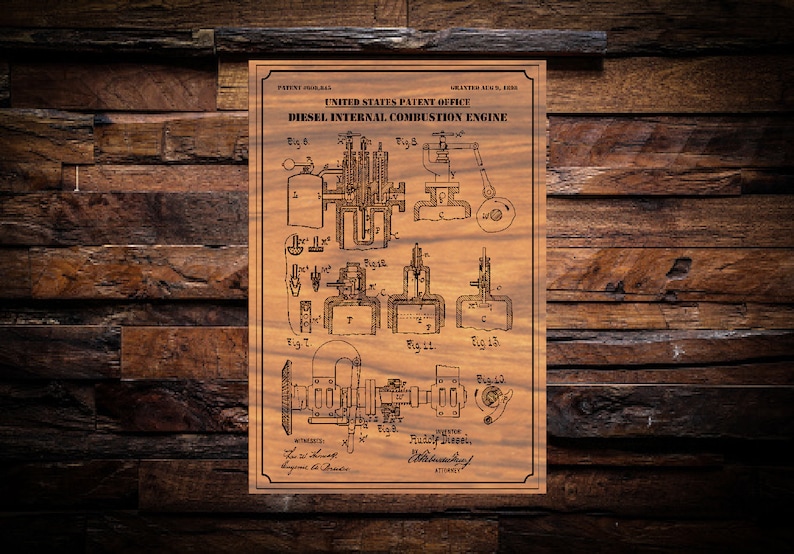 May include: A vintage patent drawing for a Diesel Internal Combustion Engine. The drawing is in black and white and shows the engine's various components. The patent was granted on August 18, 1893.