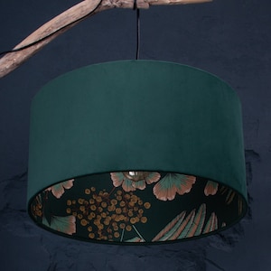 Fabric lampshade, green velvet, cotton fabric interior with floral pattern