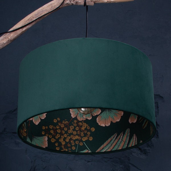 Lampenschirm aus Stoff, grüner Samt, Innen Baumwollstoff mit floralem Muster