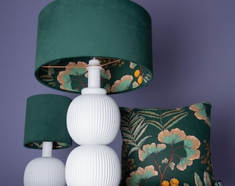 Dark green velvet lampshade with floral ginkgo leaves – fabric lampshade for floor lamps, pendant lamps and table lamps