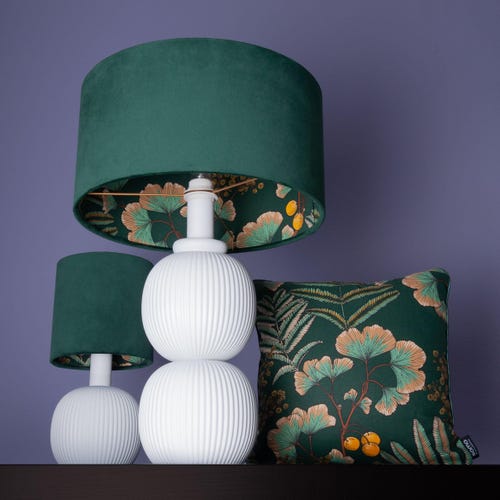 Abat-jour en velours vert foncé à motif de feuilles de ginkgo – abat-jour en tissu pour lampadaires, suspensions et lampes de table