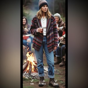 May include: A woman wearing a striped cardigan, a white shirt, blue jeans, and a beanie. She is holding a glass of beer. The scene is outdoors with a campfire and other people in the background. The cardigan has red, gray, and blue stripes.