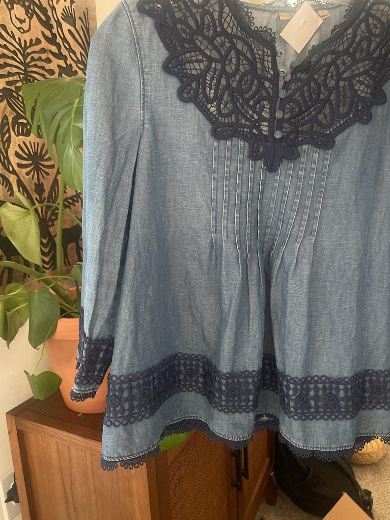 Anthropologie Holding Horses People Denim Lace Embroider Top Free Western 6 S image 5
