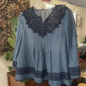 Anthropologie Holding Horses People Denim Lace Embroider Top Free Western 6 S image 2