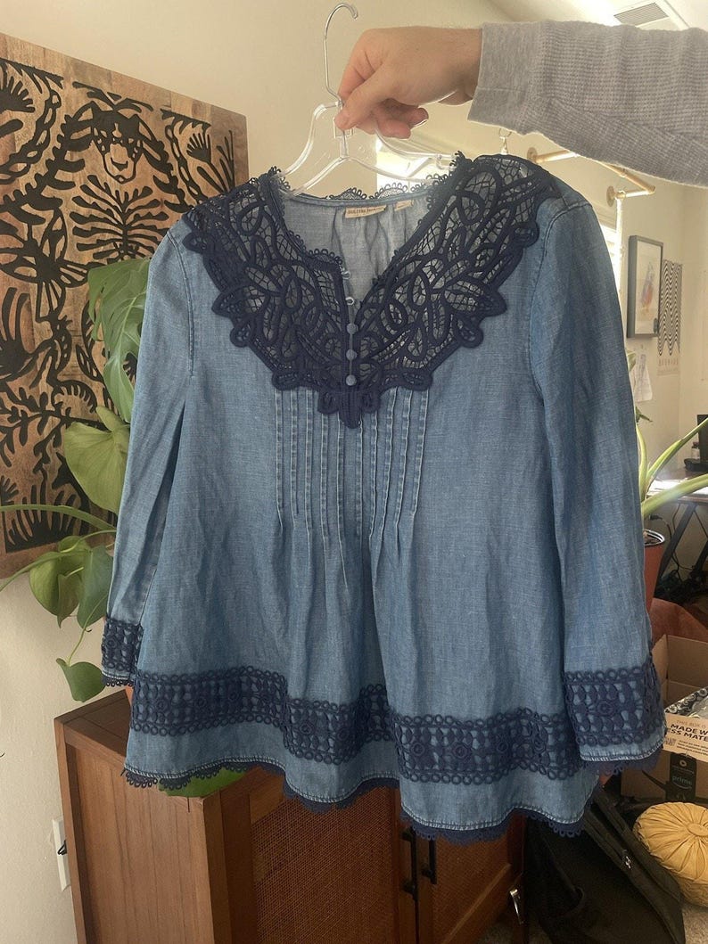 Anthropologie Holding Horses People Denim Lace Embroider Top Free Western 6 S image 2