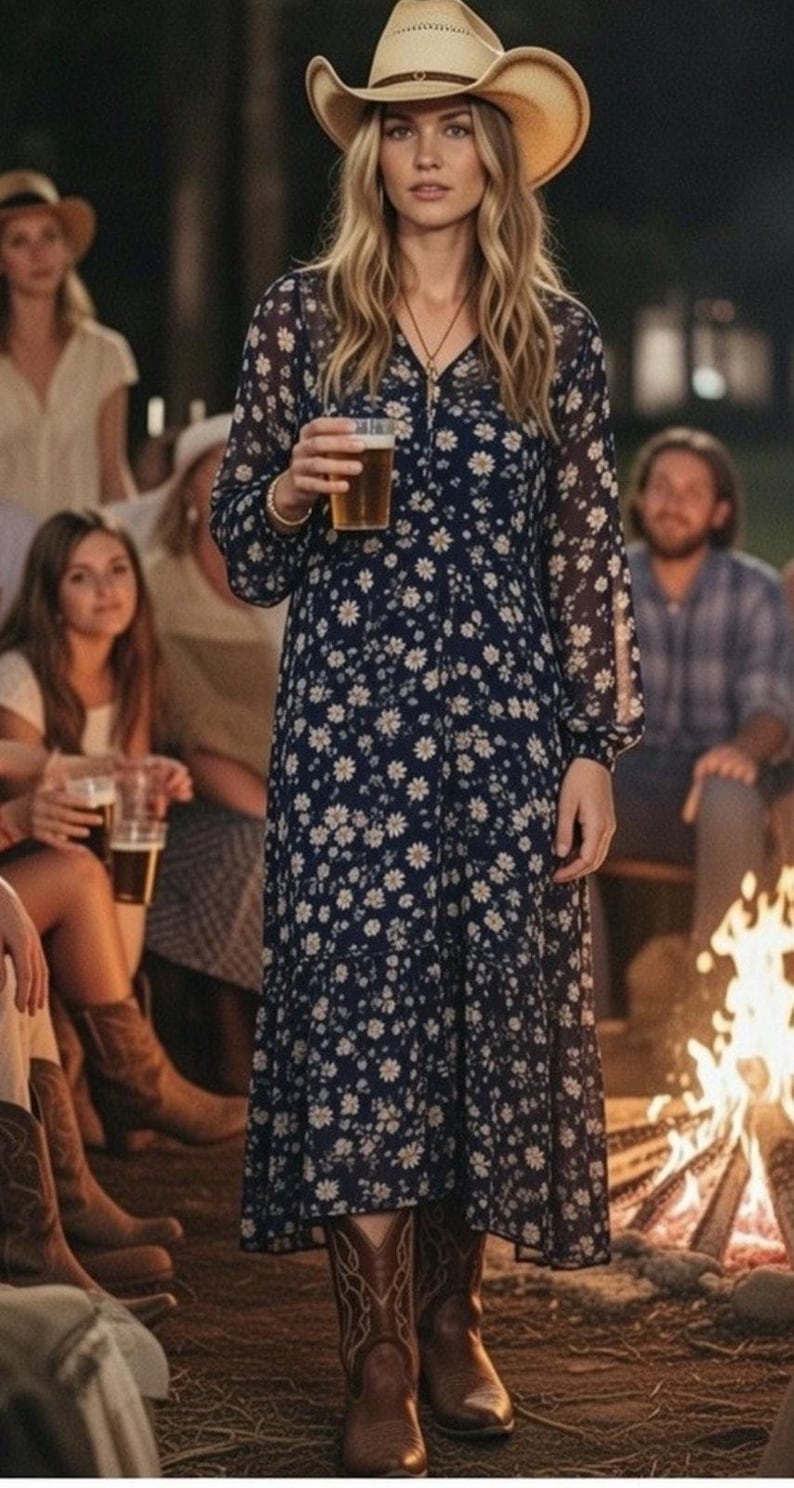 Free People Yellowstone Prairie Western Floral Print Midi Dress Slip Chiffon M image 1