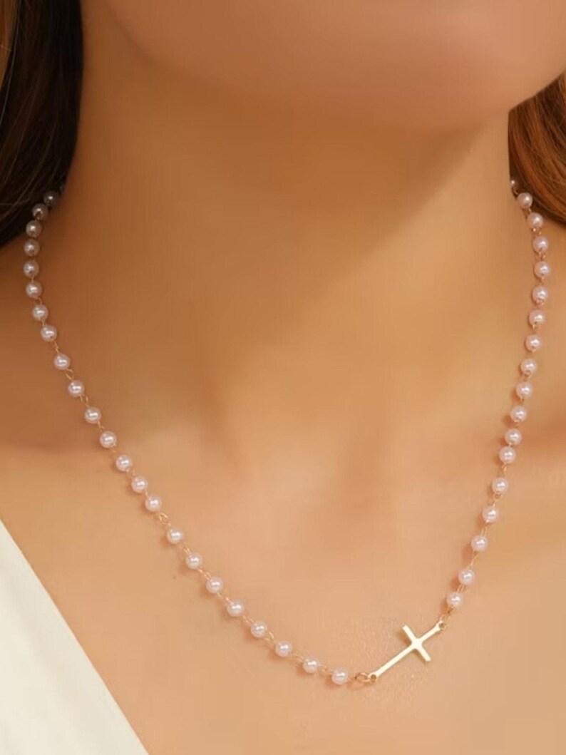 Free People Choker Cross Necklace layered Pearl western boho chain drop jewelry Bild 2