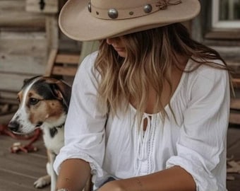 Free People Leather Cowboy Hat Tan 100% Leather Outback Cowgirl Medium Minnetonk