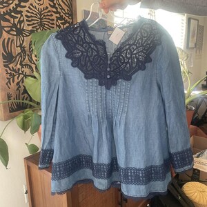 Anthropologie Holding Horses People Denim Lace Embroider Top Free Western 6 S image 4