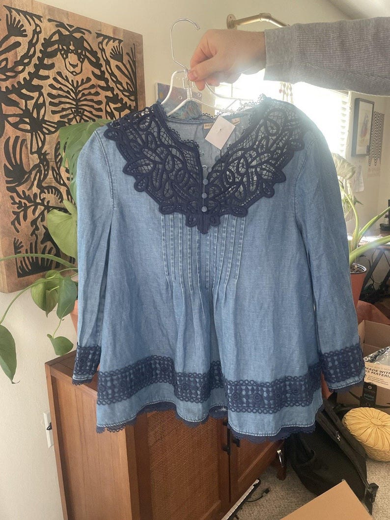 Anthropologie Holding Horses People Denim Lace Embroider Top Free Western 6 S image 4