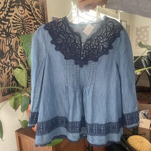 Anthropologie Holding Horses People Denim Lace Embroider Top Free Western 6 S image 8