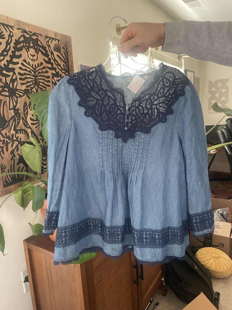 Anthropologie Holding Horses People Denim Lace Embroider Top Free Western 6 S image 8