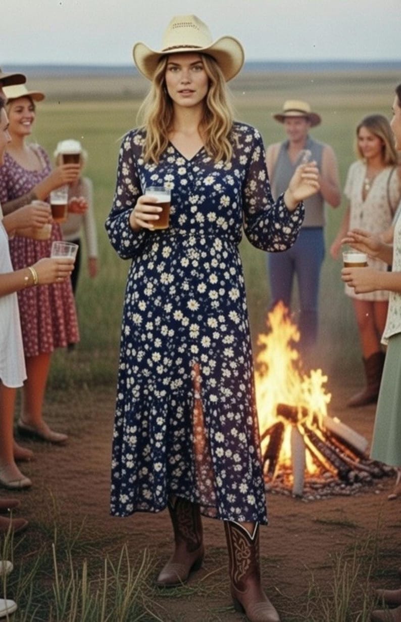 Free People Yellowstone Prairie Western Floral Print Midi Dress Slip Chiffon M image 5