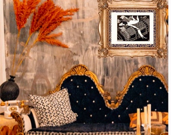 Art Nouveau Impresión francesa lienzo pared arte mediados de siglo vintage desnudo gato colgante imagen decoración hogar mcm planta giclee impresión cactus decoración anthro