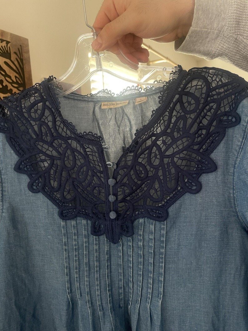 Anthropologie Holding Horses People Denim Lace Embroider Top Free Western 6 S image 7