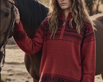 Ralph Lauren X CHAPS Half Zip Sweater Red L Heavy Knit Winter Free Intarsi Triba