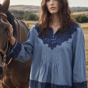 Anthropologie Holding Horses People Denim Lace Embroider Top Free Western 6 S image 1