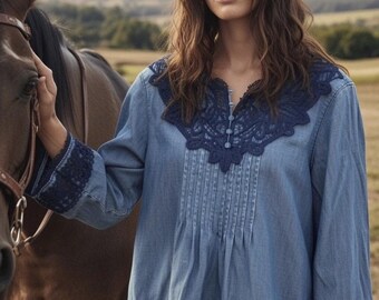 Anthropologie Holding Horses People Denim Lace Embroider Top Free Western 6 S