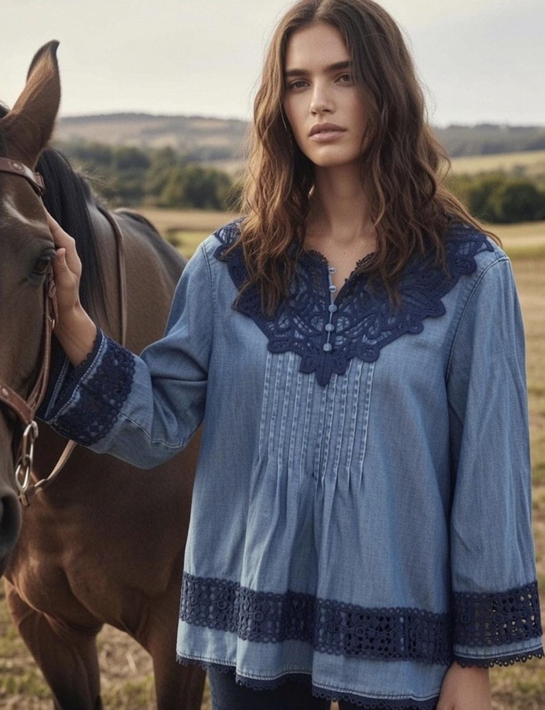 Anthropologie Holding Horses People Denim Lace Embroider Top Free Western 6 S image 1