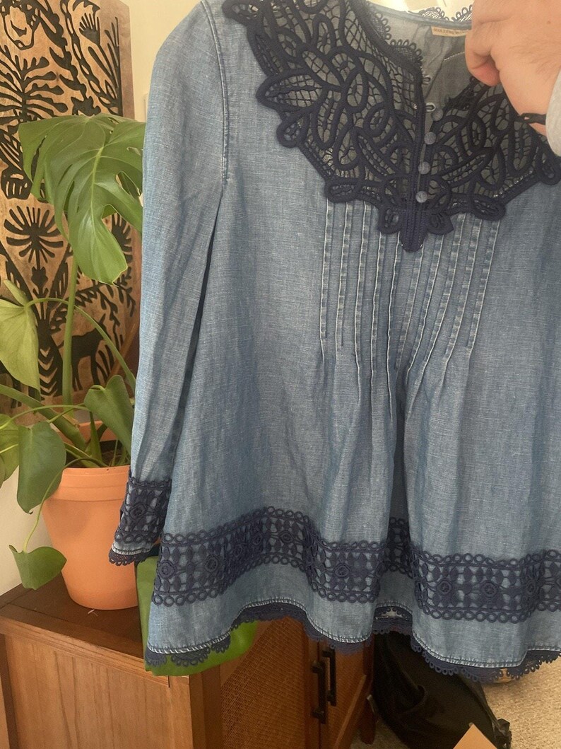 Anthropologie Holding Horses People Denim Lace Embroider Top Free Western 6 S image 3