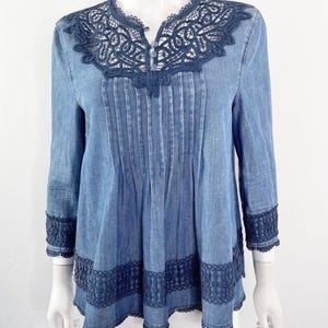 Anthropologie Holding Horses People Denim Lace Embroider Top Free Western 6 S image 10