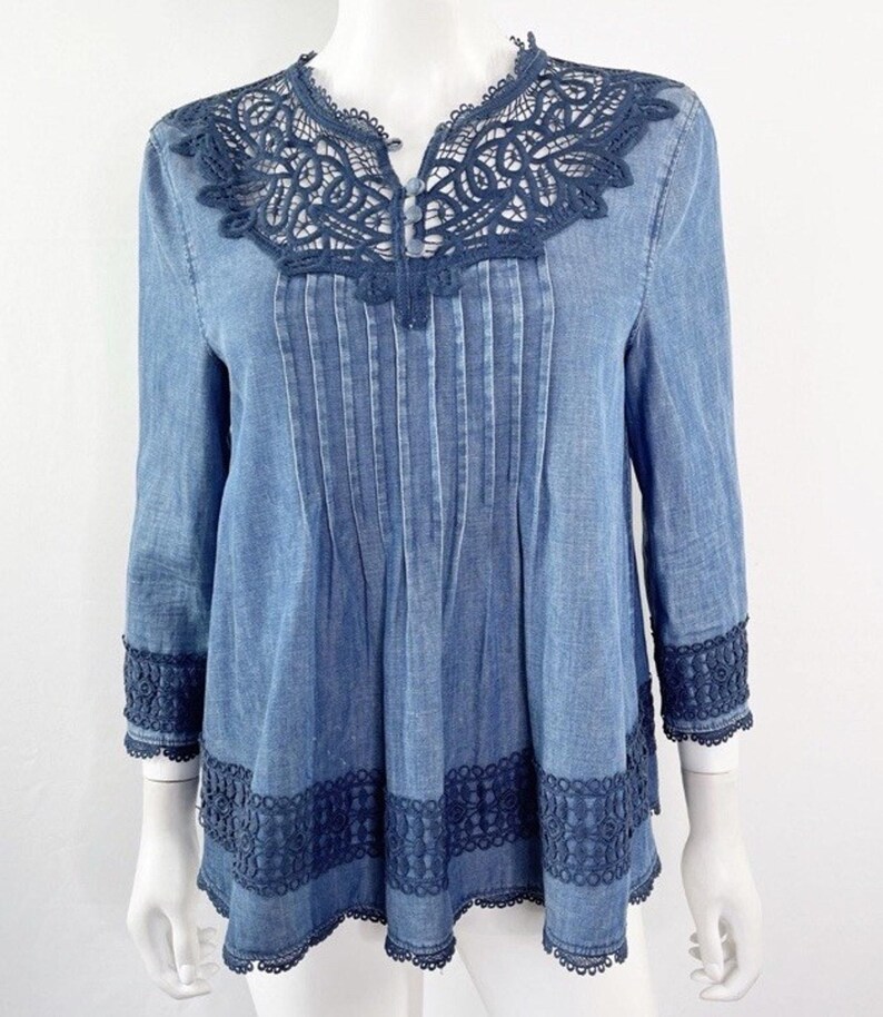 Anthropologie Holding Horses People Denim Lace Embroider Top Free Western 6 S image 10