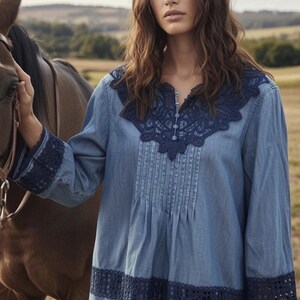 Anthropologie Holding Horses People Denim Lace Embroider Top Free Western 6 S image 13