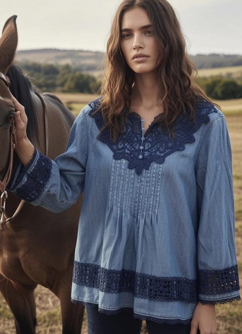 Anthropologie Holding Horses People Denim Lace Embroider Top Free Western 6 S image 13