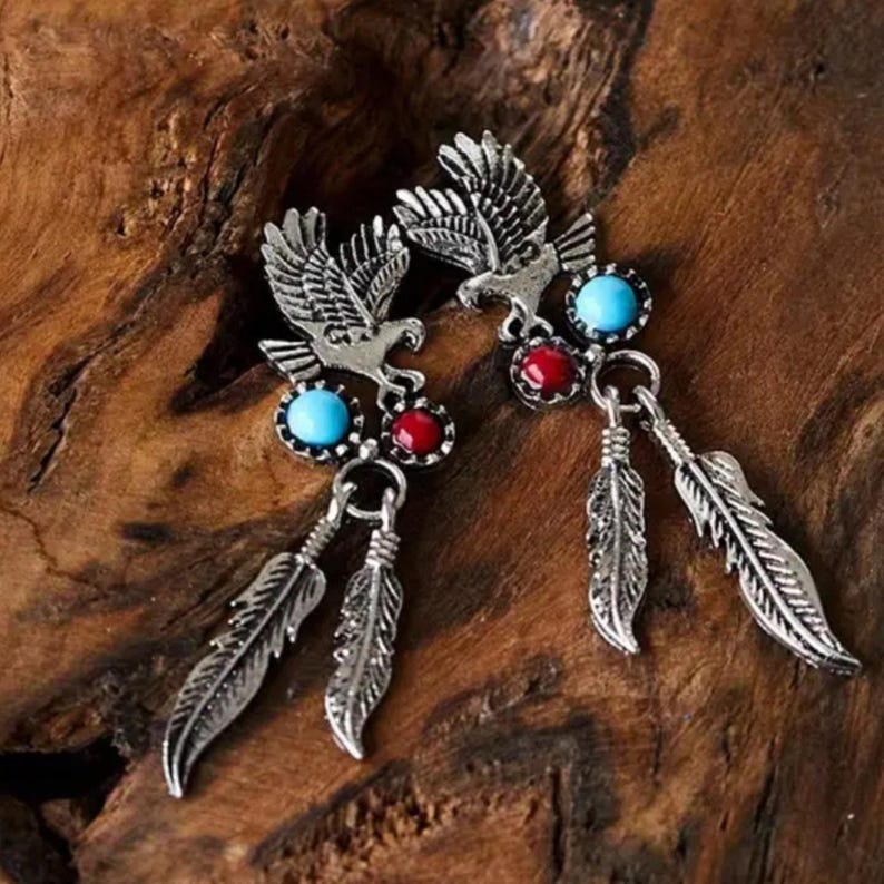 Free People Eagle Stone Western Yellowstone turquoise coral people earring jewelry Tribal afbeelding 5