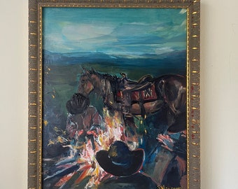 Cowboy Art INCORNICIATO dipinto originale Stella Hanamori paesaggio occidentale appeso arredamento incorniciato cavallo firmato MCM cavallo equino fuoco rustico