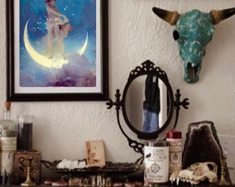 Art Nouveau impreso lienzo pared arte luna chica de mediados de siglo vintage colgante imagen decoración hogar giclee mcm luna lunar mujer azul póster desnudo pintura
