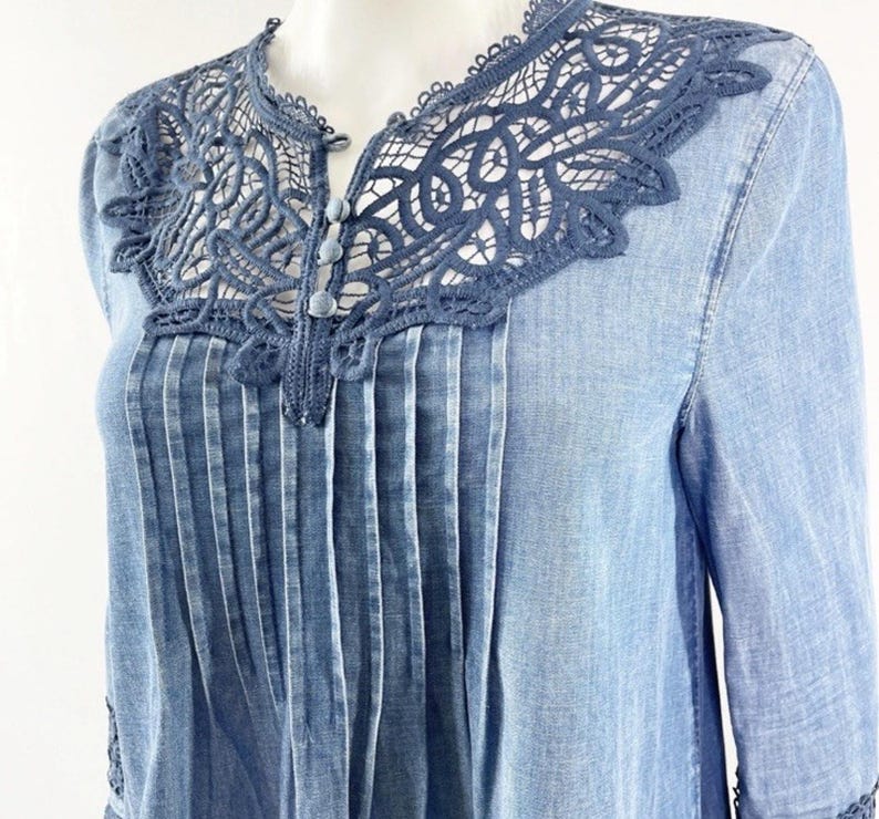Anthropologie Holding Horses People Denim Lace Embroider Top Free Western 6 S image 14