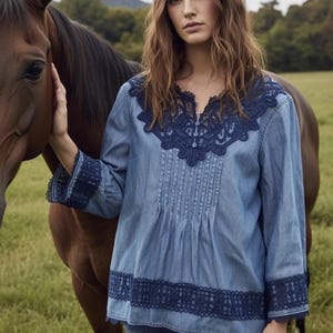 Anthropologie Holding Horses People Denim Lace Embroider Top Free Western 6 S image 9