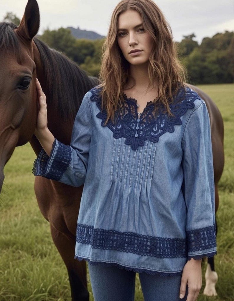 Anthropologie Holding Horses People Denim Lace Embroider Top Free Western 6 S image 9