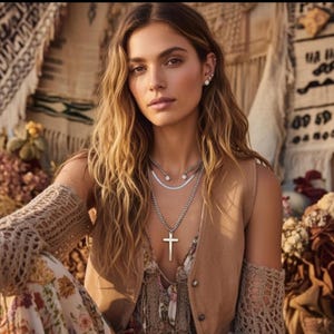 Gargantilla Free People con cruz y piedras en capas, estilo bohemio occidental, con cadena colgante. imagen 2