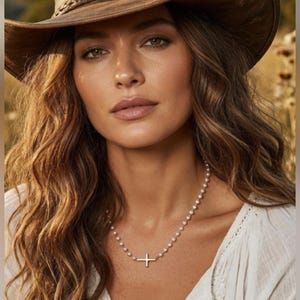 Free People Choker Cross Necklace layered Pearl western boho chain drop jewelry Bild 1