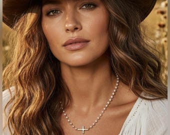 Free People Choker Cross Necklace layered Pearl western boho chain drop jewelry