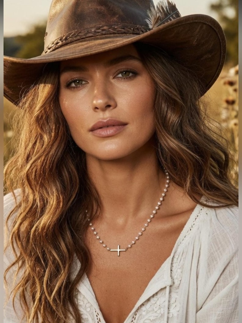 Free People Choker Cross Necklace layered Pearl western boho chain drop jewelry Bild 1