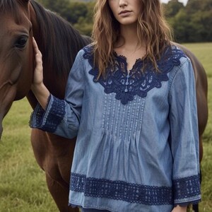 Anthropologie Holding Horses People Denim Lace Embroider Top Free Western 6 S image 12