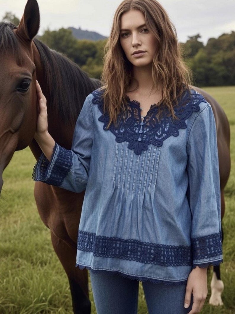 Anthropologie Holding Horses People Denim Lace Embroider Top Free Western 6 S image 12